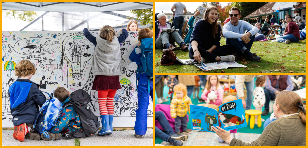 Collage of family, friends and children at Cheltenham Literature Festival and reading events